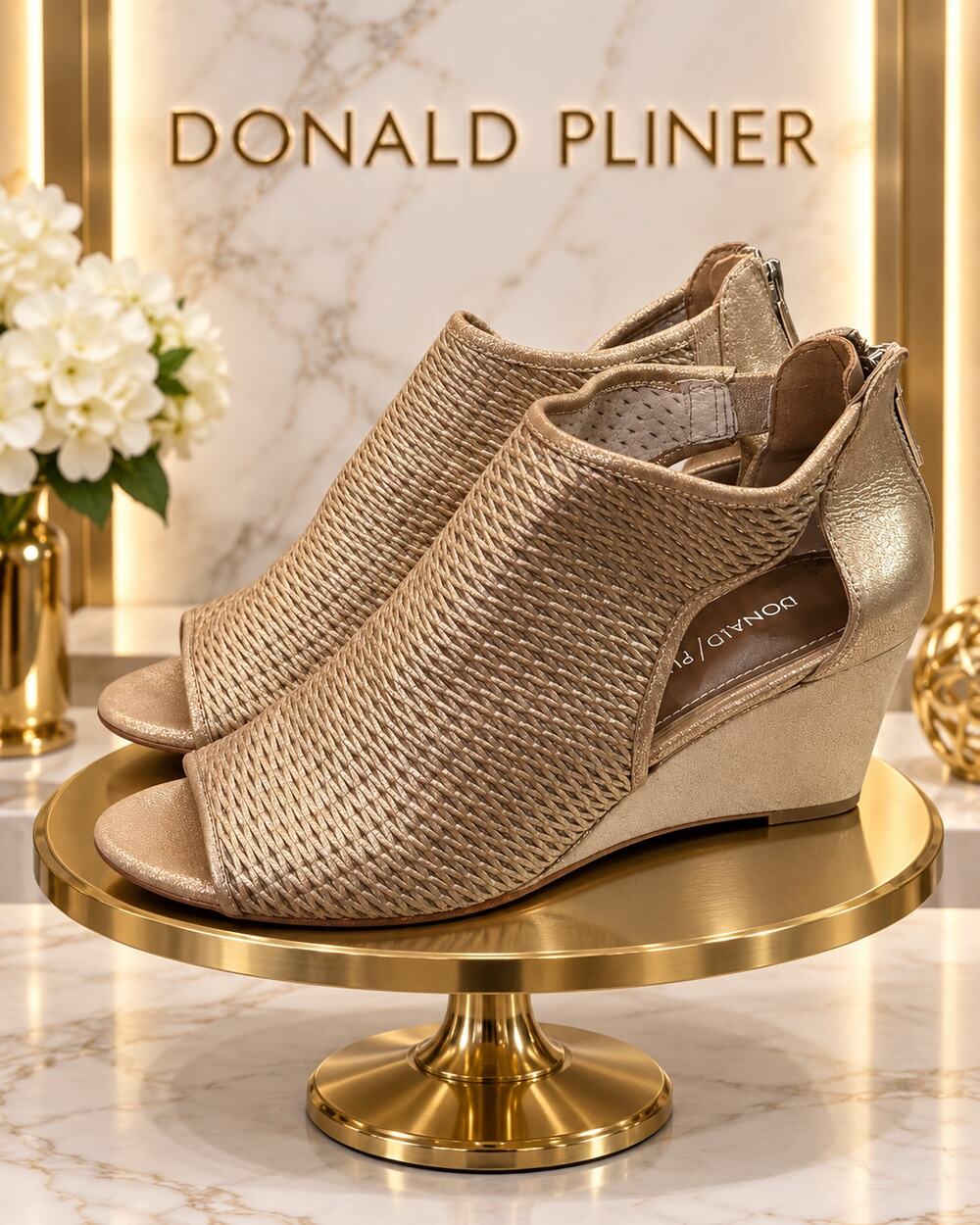 Donald J Pliner Jace Metallic Gold Leather Peep Toe Wedges Size 8.5M
